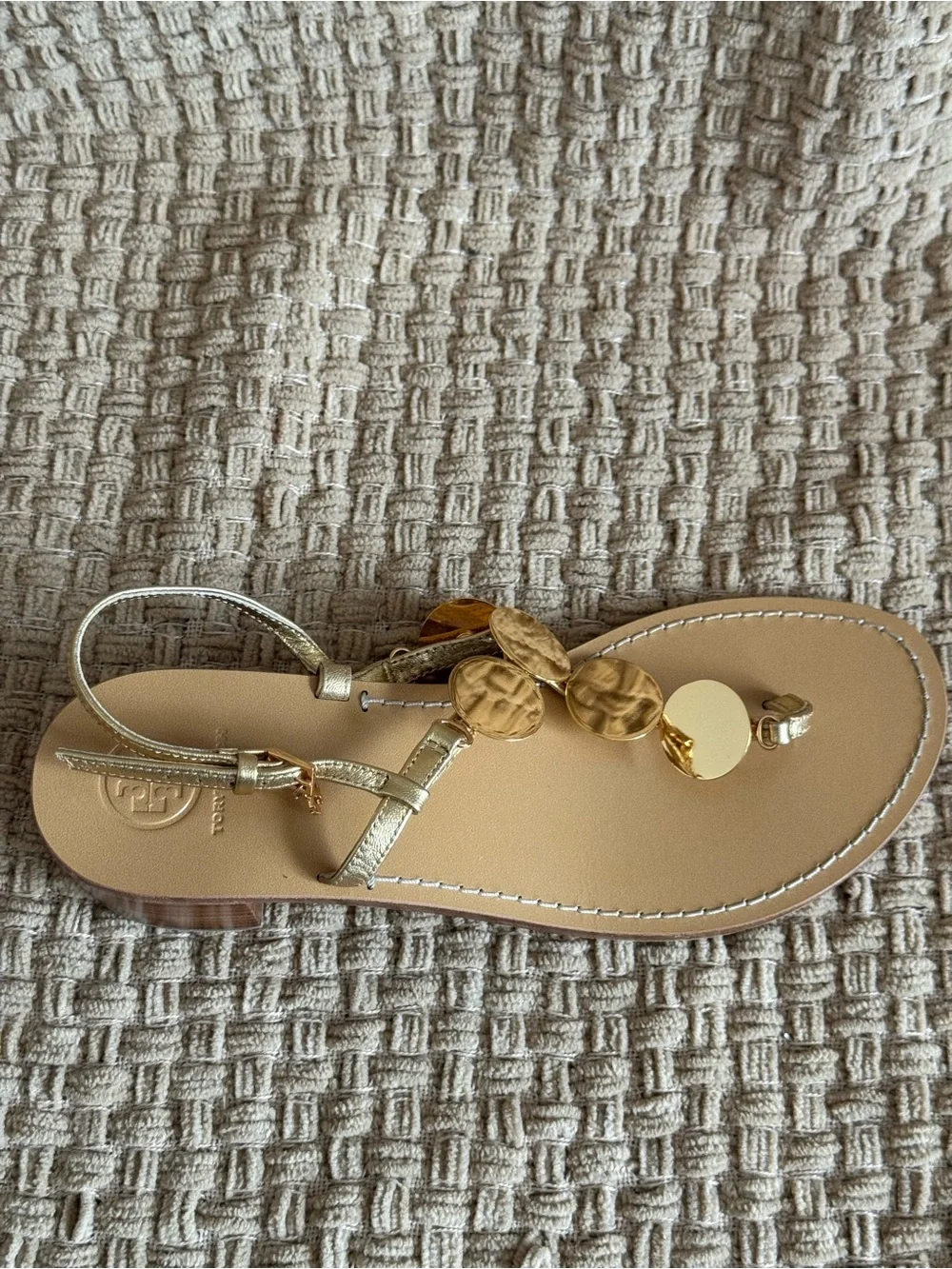 Tory Burch Gold Metallic Disc T-Strap Low Block Heel Sandals